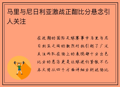 马里与尼日利亚激战正酣比分悬念引人关注